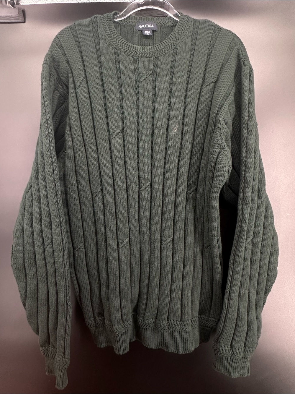 Nautica Mens‎ XL Cable Knit Crewneck Sweater Artic Fern Green Cotton Pullover
